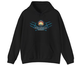 May include: Black hooded sweatshirt with a graphic print of a blue trident and a sunset with the text "RIMPAC 2024" in a white circle.