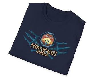 May include: A navy blue t-shirt with a graphic of a sunset and three tridents. The graphic includes the text "RIMPAC 2024" and "Partners, Integrated, Prepared".