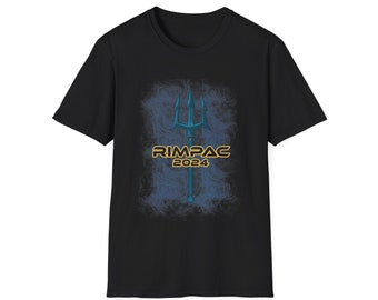 May include: Black t-shirt with a blue trident and the text "RIMPAC 2024" in yellow.
