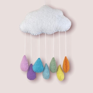 Cloud Nursery Mobile, Rainbow Raindrops Nursery Mobile with Pastel Raindrops, Felt Nursery Mobile, Baby Mobile