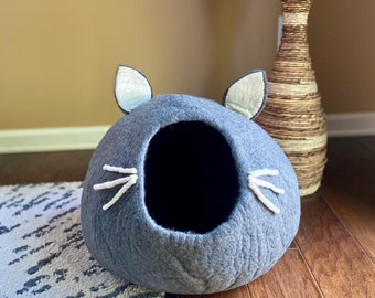 Large Felted Wool Cat Cave, Handmade Cat House, Cat Mom Gift, Cat Bed