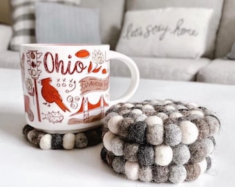 Handmade Felt Ball Coaster Set | Eco-Friendly | Set of 4 Round Coasters | Absorbent Felt Coasters for Home Decor | Gift for Housewarming
