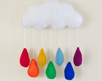 Rainbow Raindrops Felt Cloud Nursery Mobile, Handmade Baby Decor