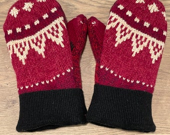 XL SIZE! Red Nordic Print warm wool upcycled sweater mittens. Fleece lined, cashmere cuff, Fun one of a kind mitts!