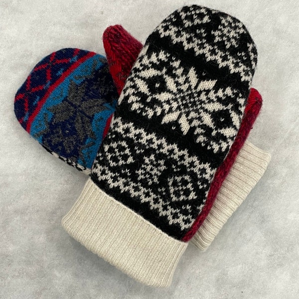 Black and white Nordic Print warm wool upcycled sweater mittens. Fleece lined, cashmere cuff, Fun one of a kind mitts!