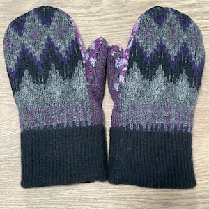 Gray and purple Nordic warm wool upcycled sweater mittens. Fleece lined, cashmere cuff, Fun one of a kind mitts!