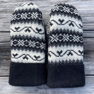Black and gray warm wool upcycled sweater mittens. Fleece lined, cashmere cuff, Fun one of a kind mitts!