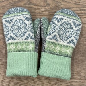 Green and gray Nordic snowflake Print warm wool upcycled sweater mittens. Fleece lined, cashmere cuff, Fun one of a kind mitts!