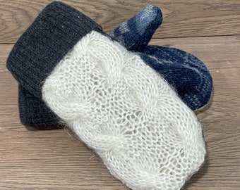 Cream Mohair blend cable knit with  Nordic pattern warm wool upcycled sweater mittens. Fleece lined, cashmere cuff, Fun one of a kind mitts!