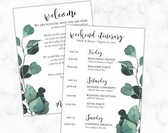 Plantilla de itinerario de boda de vegetación, bolsa de bienvenida de fin de semana de boda minimalista, horario de invitados de boda de vegetación boho