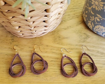 Everyday Genuine Leather Knot Dangle / Drop Earrings - Brown with Gold or Silver