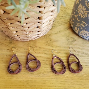 Everyday Genuine Leather Knot Dangle / Drop Earrings Brown with Gold or Silver image 1