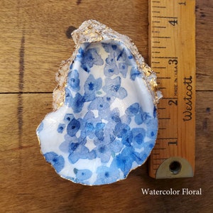 Decoupage Natural Oyster Shell Ring / Trinket Dish Blue and White Pattern with Gold Edging Watercolor Floral