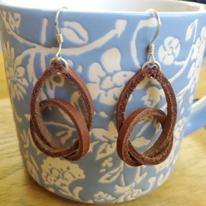 Everyday Genuine Leather Knot Dangle / Drop Earrings Brown with Gold or Silver image 6