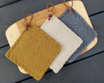 Pot Holder Bundle - Neutral Ochre, Flax, and Pewter Grey Handmade Loomed / Woven