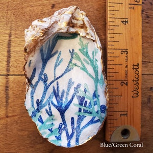 Decoupage Natural Oyster Shell Ring / Trinket Dish Blue and White Pattern with Gold Edging Blue/Green Coral