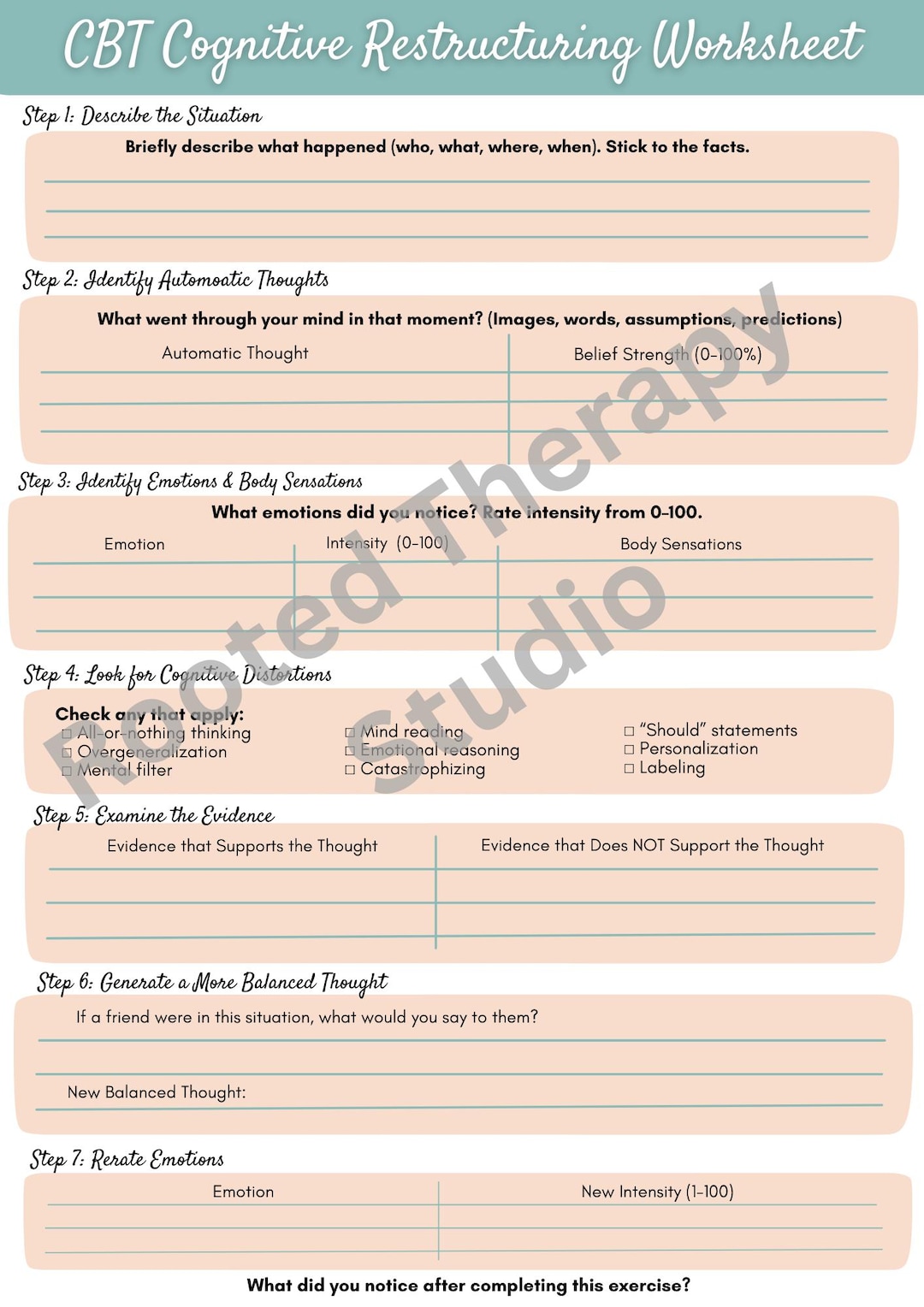 CBT Cognitive Restructuring Worksheet - Etsy