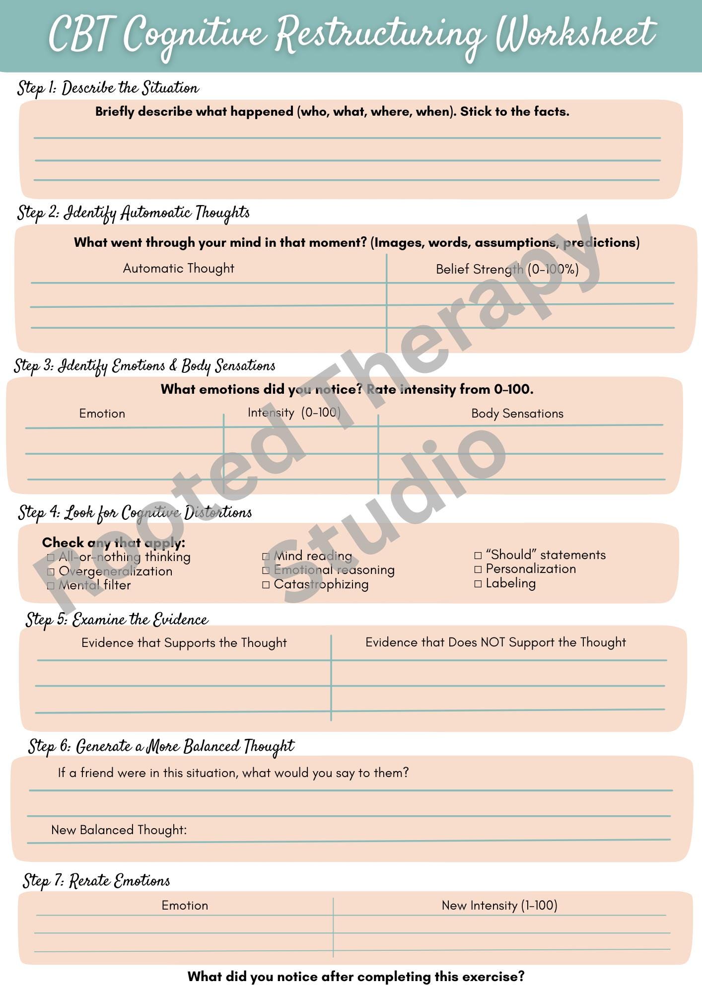 CBT Cognitive Restructuring Worksheet - Etsy