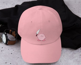 kirby with knife hat, embroidered dad cap, kirby meme, nintendo 64, adjustable dad hat, embroidered hat, kirby hat kawaii, funny dad cap