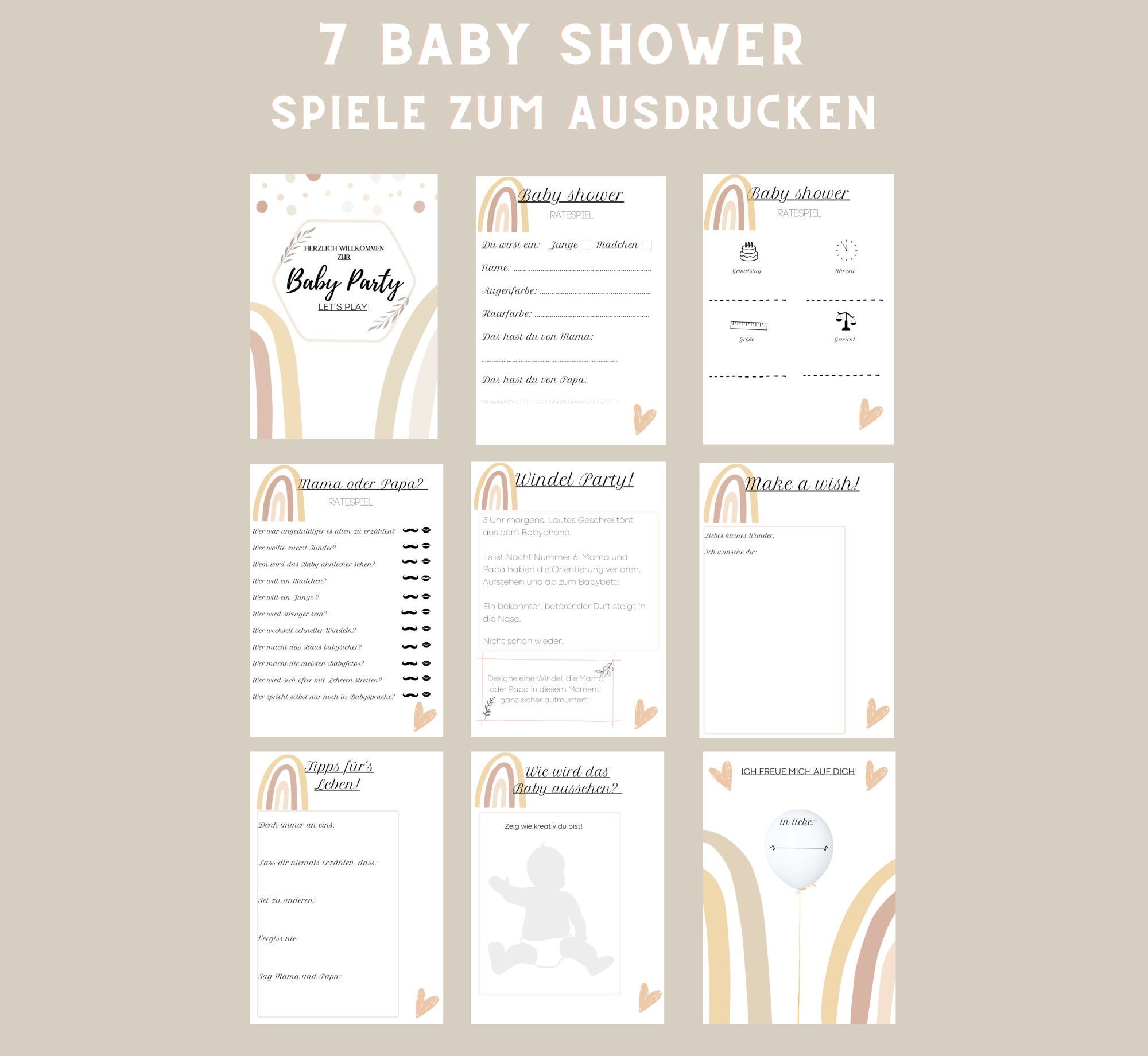 Babyshower spiele zum ausdrucken, Babyshower Regenbogen, Babyparty