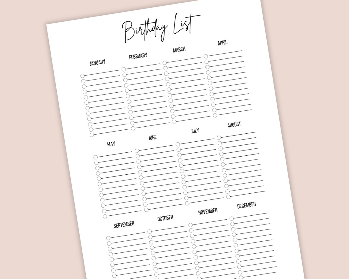 Birthday List Printable, Birthday Tracker, Birthday List Template