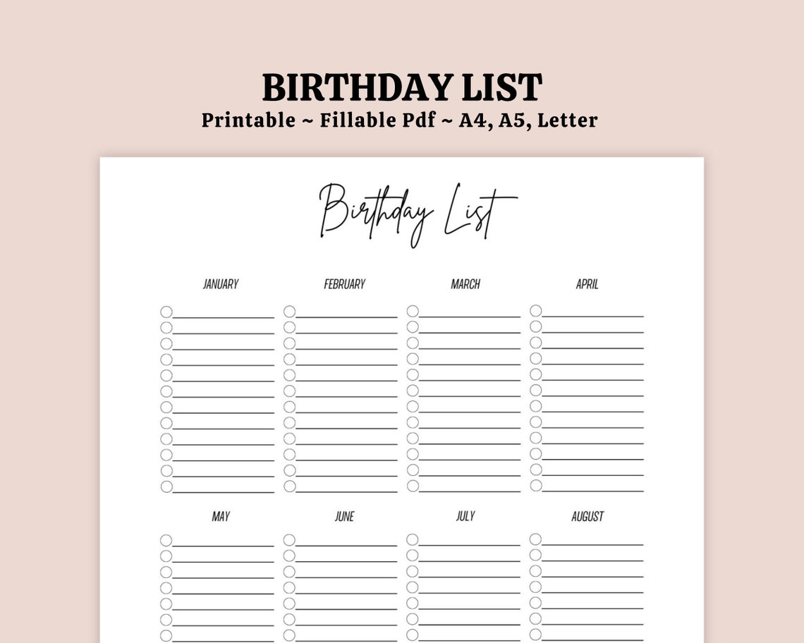 Birthday List Printable, Birthday Tracker, Birthday List Template