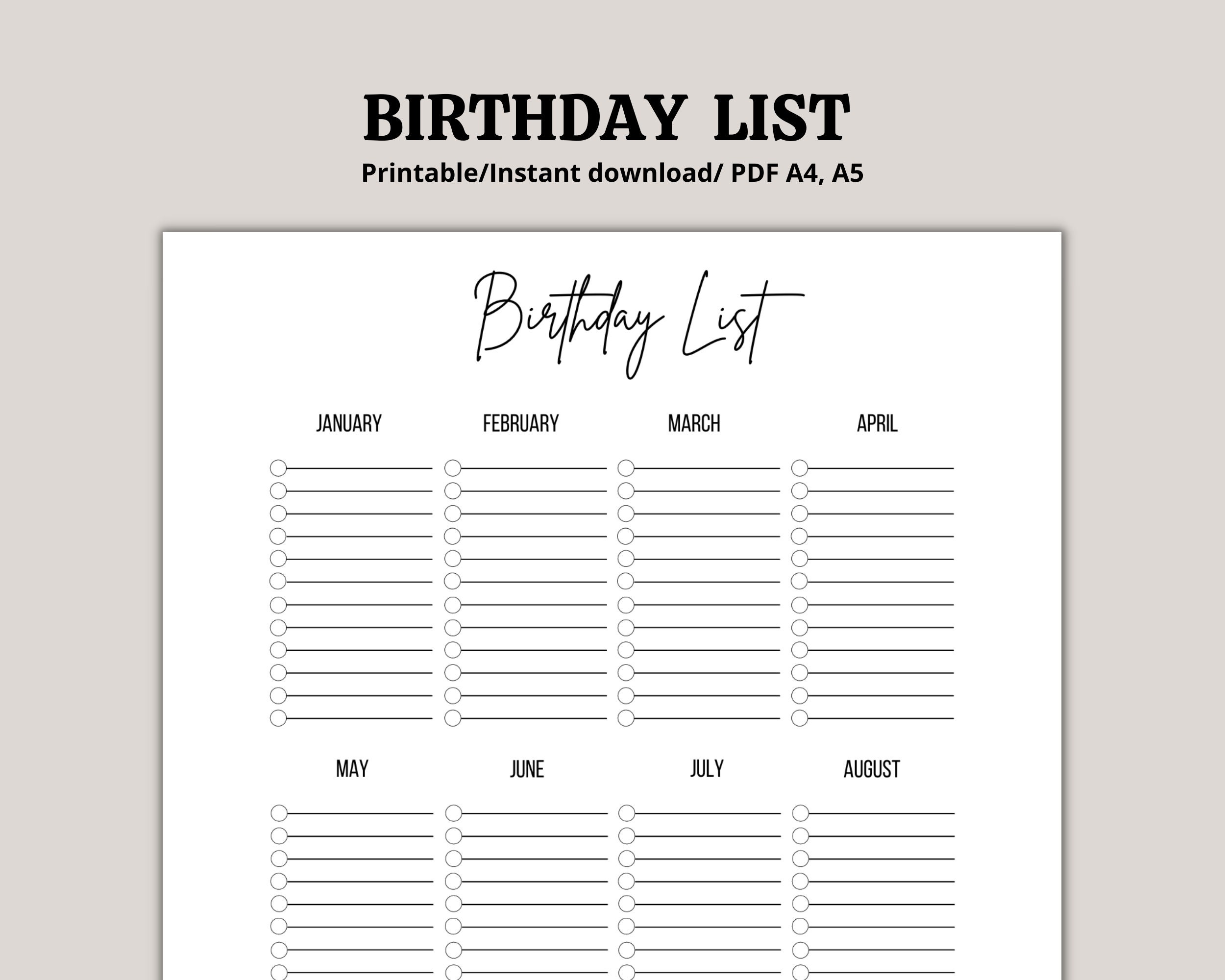 Birthday List Printable Birthday Tracker Birthday List - Etsy UK