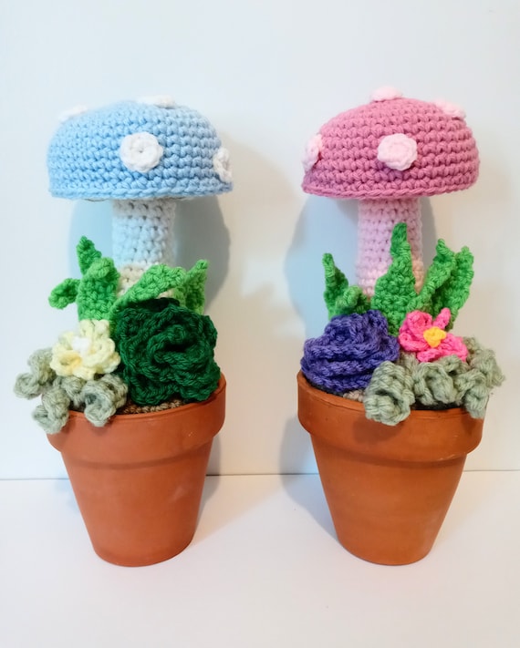Crochet Mushrooms in White Pot  Crochet Nursery Decor  Crochet Succulent  Cactus Decor  Mushroom Gift