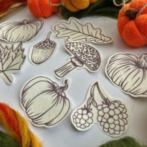 May include: A set of eight iron-on patches featuring autumnal designs. The patches include a mushroom, an acorn, a leaf, a pumpkin, and a blackberry. The patches are all white with brown outlines.