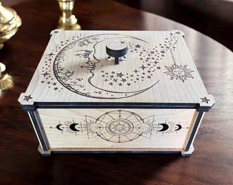 Laser Engraved Wooden Box: Sun, Moon, Stars Celestial Design