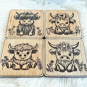 Highland Cow Babies Coasters Set | 4 Decorative Coasters with Storage Container | 3.75x3.75 Inches | Perfect Gift for Cow Lovers