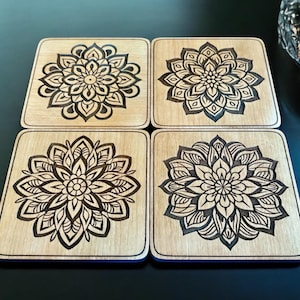 Set of 4 Mandala Coasters with Storage Container | 3.75x3.75 Inch Square Coasters | Boho Decor | Handmade Wooden Drink Coasters