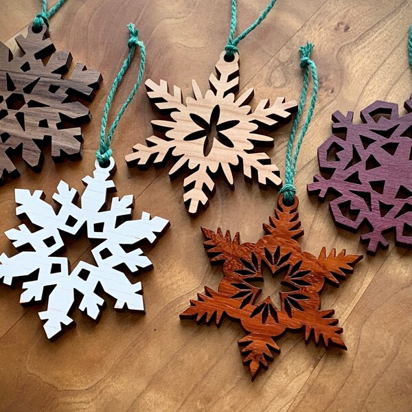 Wood Laser Cut Snowflake Ornament Set of 5