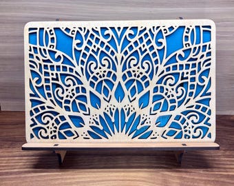 Handmade Wooden iPad/Tablet Stand with Mandala Cutout – Custom Color Backing | 11x8x5 inches
