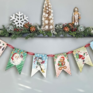 Vintage Retro Christmas Banner Garland Holiday Decoration, Vintage Kitschy Christmas Party Bunting Seasonal Home Decor Indoor for Mantel