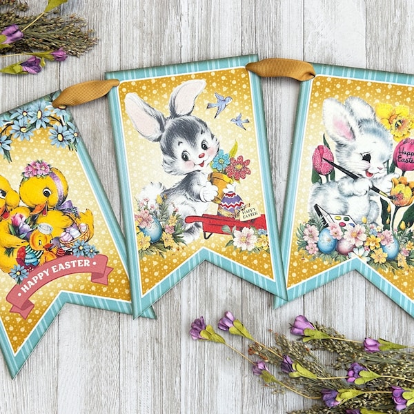 Easter Garland Vintage Easter Decor, Retro Vintage Kitsch Easter Banner Bunting Wall Decor, Spring Garland Mantel Decor