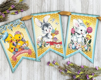 Easter Garland Vintage Easter Decor, Retro Vintage Kitsch Easter Banner Bunting Wall Decor, Spring Garland Mantel Decor