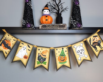 Retro Halloween Garland, Vintage Halloween Decor Banner, Halloween Party Decorations Vintage Style Spooky Bunting Retro Cat, Ghost, Pumpkin