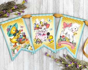 Spring Garland Vintage Happy Easter Banner, Retro Easter Decorations, Easter Garland Mantel Decor, Easter Bunny Bunting Wall Decor