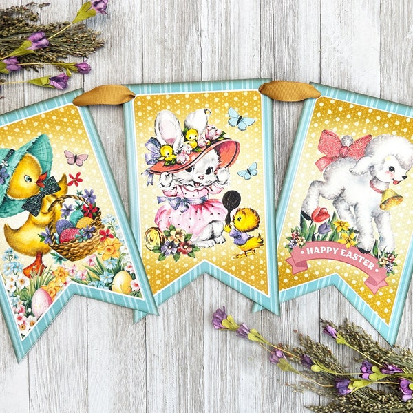 Spring Garland Vintage Happy Easter Banner, Retro Easter Decorations, Easter Garland Mantel Decor, Easter Bunny Bunting Wall Decor