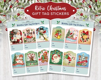 Christmas Sticker Labels, Vintage Style Holiday Gift Tag Stickers, Retro Christmas Kitsch Sticker Tags