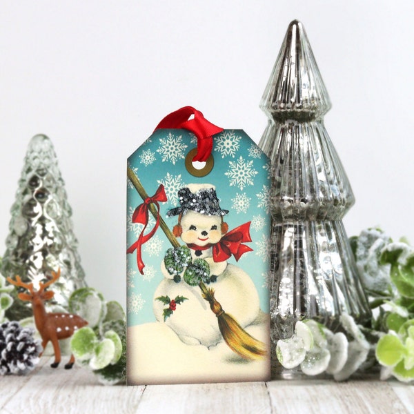 Christmas Gift Tags Vintage Retro Snowman, Mid Century Modern Christmas Decor Handmade Printed Xmas Tags for Presents, Favor Bags, Gift Bags