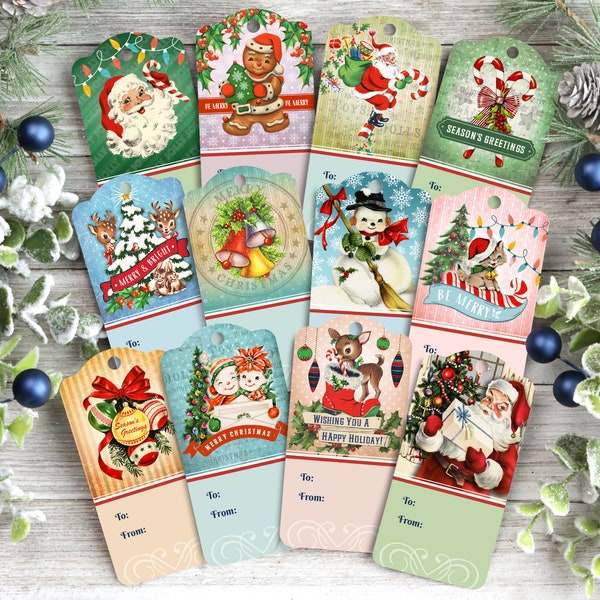 Retro Style Christmas Gift Tags, Vintage Inspired Handmade Gift Tags for Christmas, Set of 12 Holiday Gift Tags