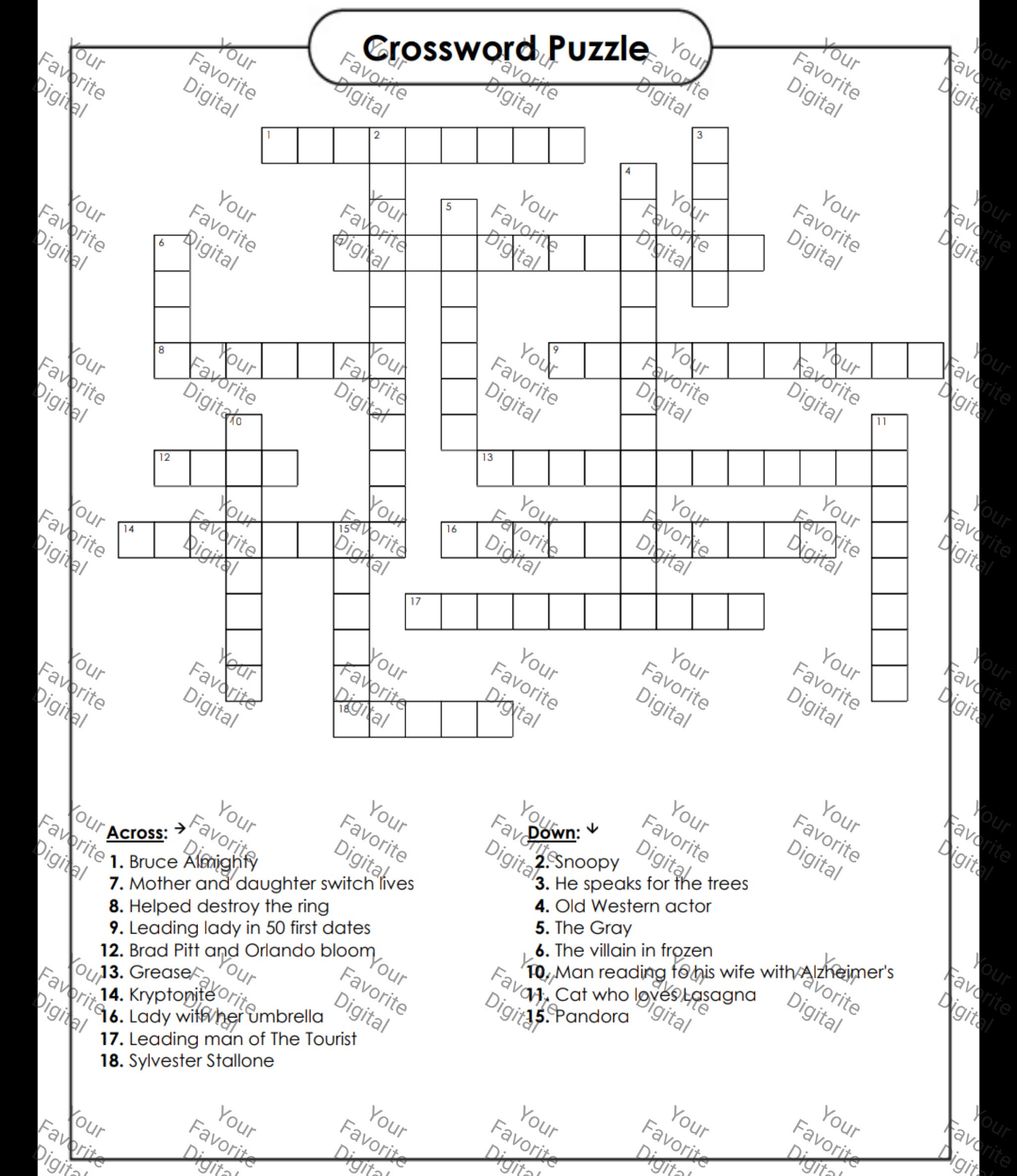 Movie Crossword Puzzle Etsy