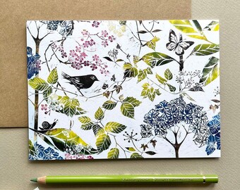 Wild flower and Blackbird lino print card, Mothers Day, Birthday card, Spring botanical linocut blank card- hand drawn +lino print Botanical