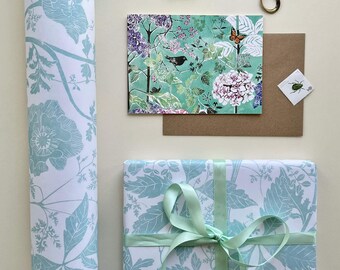 Bird & wild flower lino print card, Green notecards and optional matching wrap, lino print botanical design blank card and wrapping paper