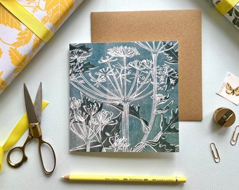 wild flower lino print greeting card, Mothers Day, Birthday card, Spring botanical linocut blank card- hand drawn +lino print Botanical