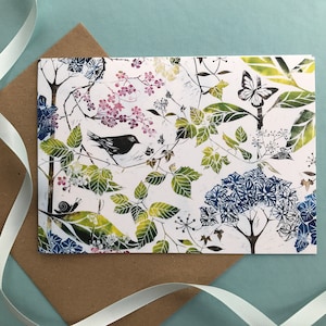 Vogel und Hortensie Linoldruck Grußkarte und Umschlag, Künstlerkarten von Laura Sowerby, bunte botanische Linoldruck leere Karte