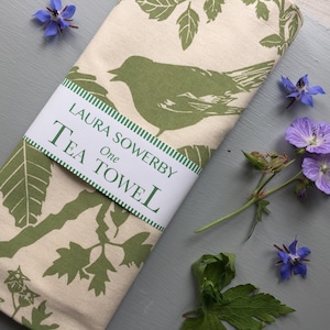 Printed Cotton Tea Towel by artist printmaker Laura Sowerby, Bird and leaf hand printed linocut designs, Botanical Kitchen hand towel