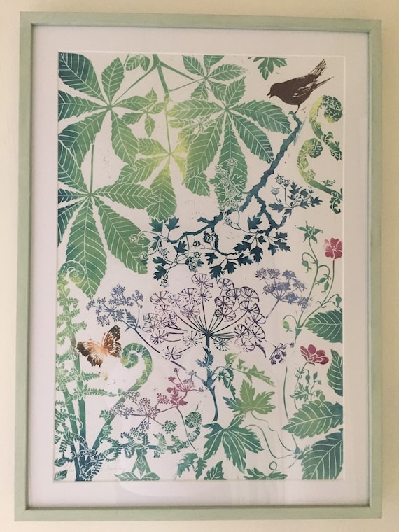 Large Horse chestnut leaves and bird hand printed Linocut , large unframed wall art by printmaker Laura Sowerby, colourful botanical artwork